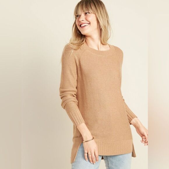 Old Navy Tight Knit Sweater Camel Tan Crewneck Long Sleeve Top size Extra Small - Picture 1 of 6